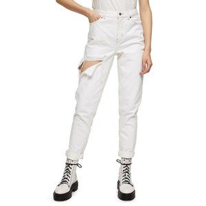Topshop White Distressed Ripped Thigh Mom Jeans